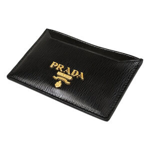 Prada Black Vitello Move Leather Gold Logo Card Holder